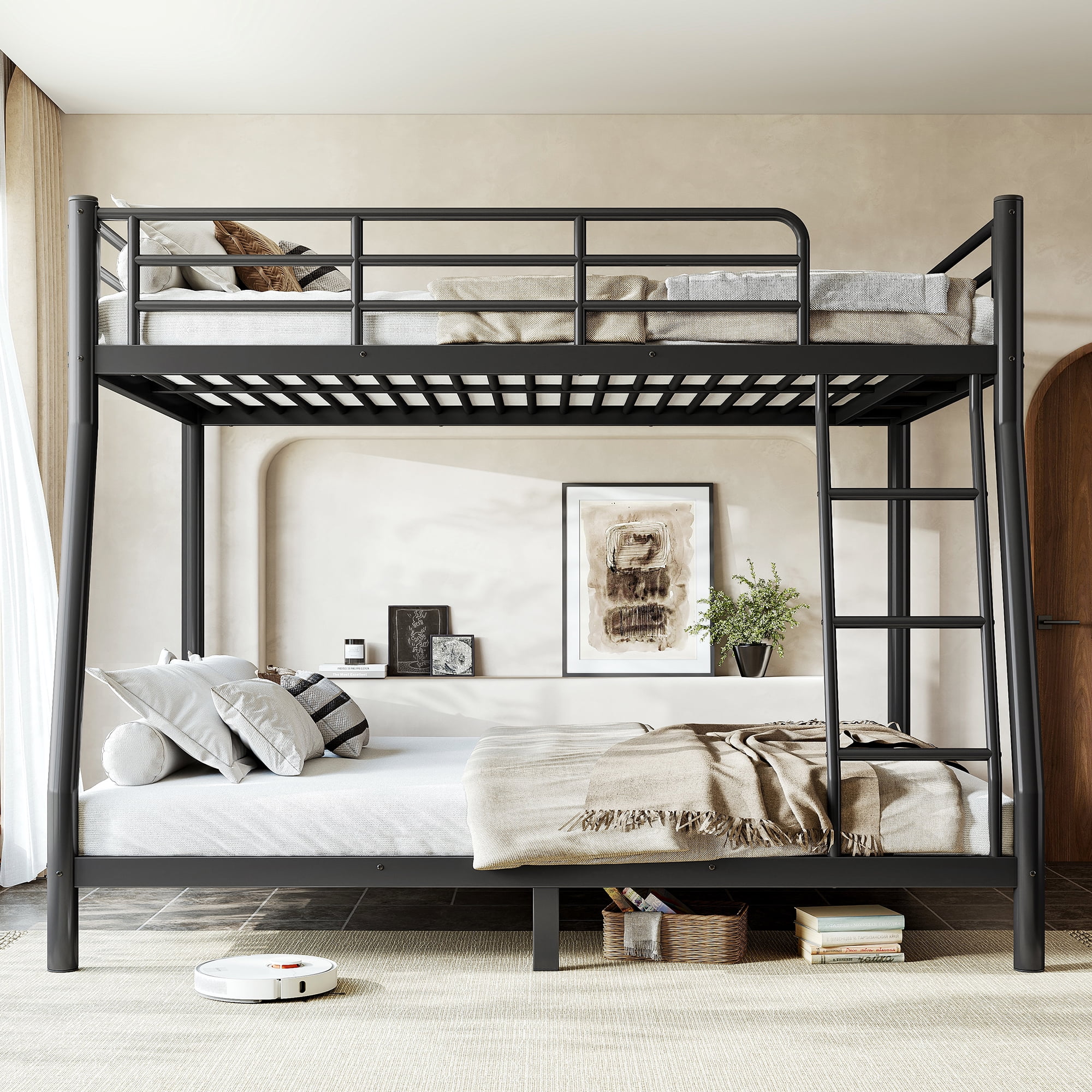 Leumius Full over Queen Metal Bunk Bed Frame with Dual Guardrails and Ladders, Heavy-Duty Quiet Design,Noise-Reduced,Black