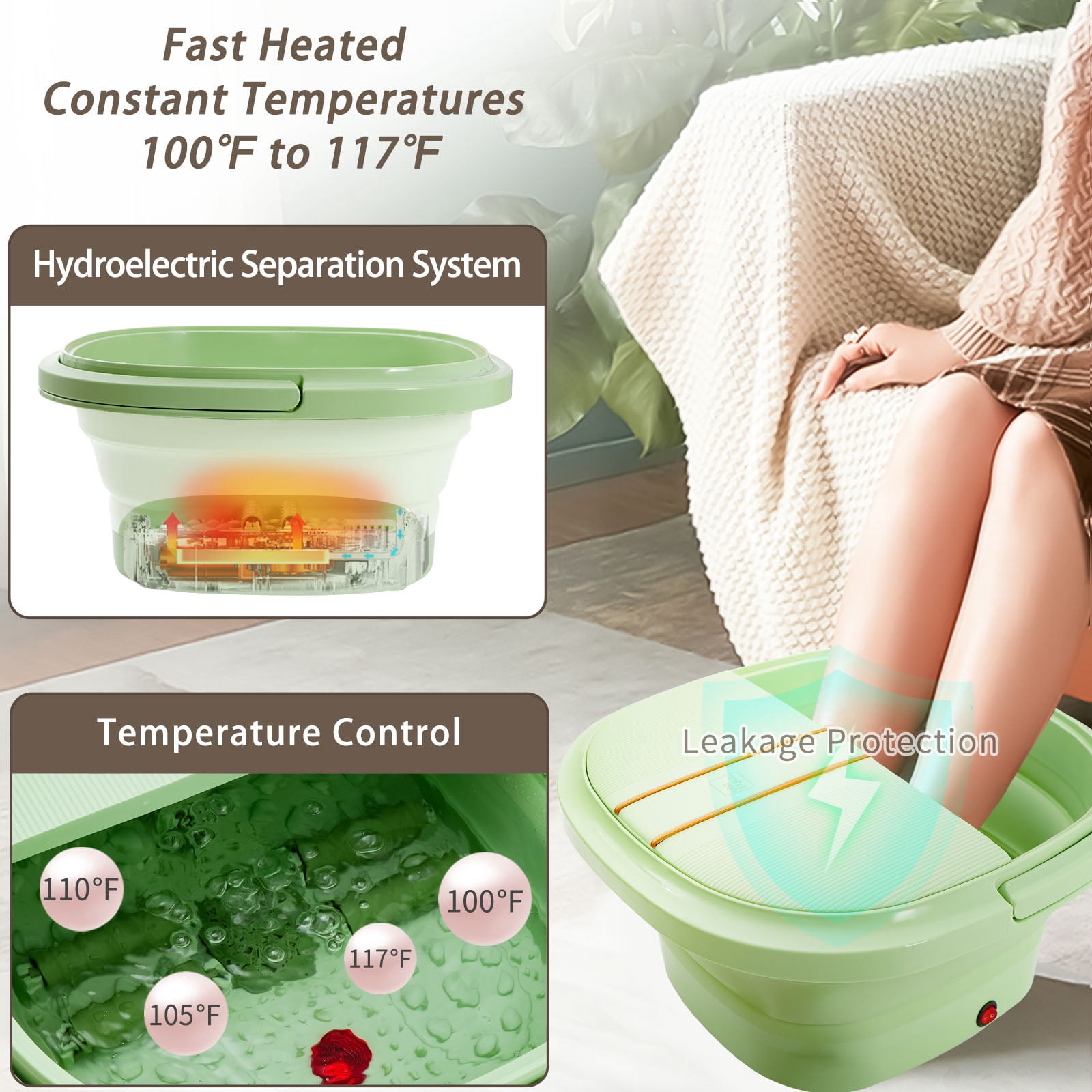 UNIFULL Foot Spa Bath with Heat and Temperature Control, Massager Roller, Bubble, Remote Control, Pedicure Kit, Red Light, Large Heating Foot Bath-Green