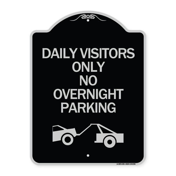 SignMission Designer Series Sign - Day Visitors Only No Overnight Parking (With Graphic) | Black & Silver 18" x 24" Heavy-Gauge Aluminum Architectural Sign | Made in the USA