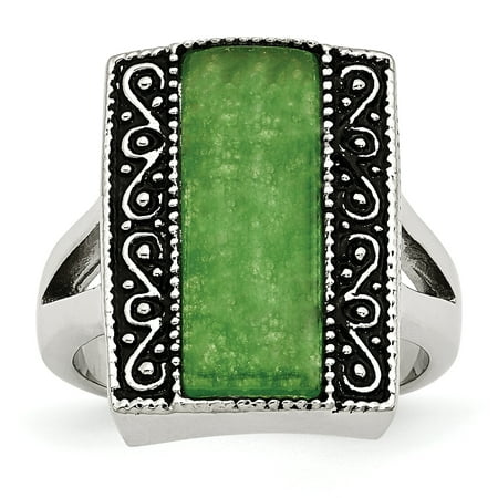 Jade Floral Band Ring - Stainless Steel Dyed Jade Antiqued Rectangular Ring