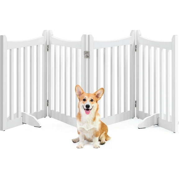 EIGHTNINE 24" H Freestanding Pet Gate for Dogs Wooden Dog Gates for Hallway, Doorway Collapsible Indoor Pet Fence with Support Feet Stair Barrier 4 Panels Fence White