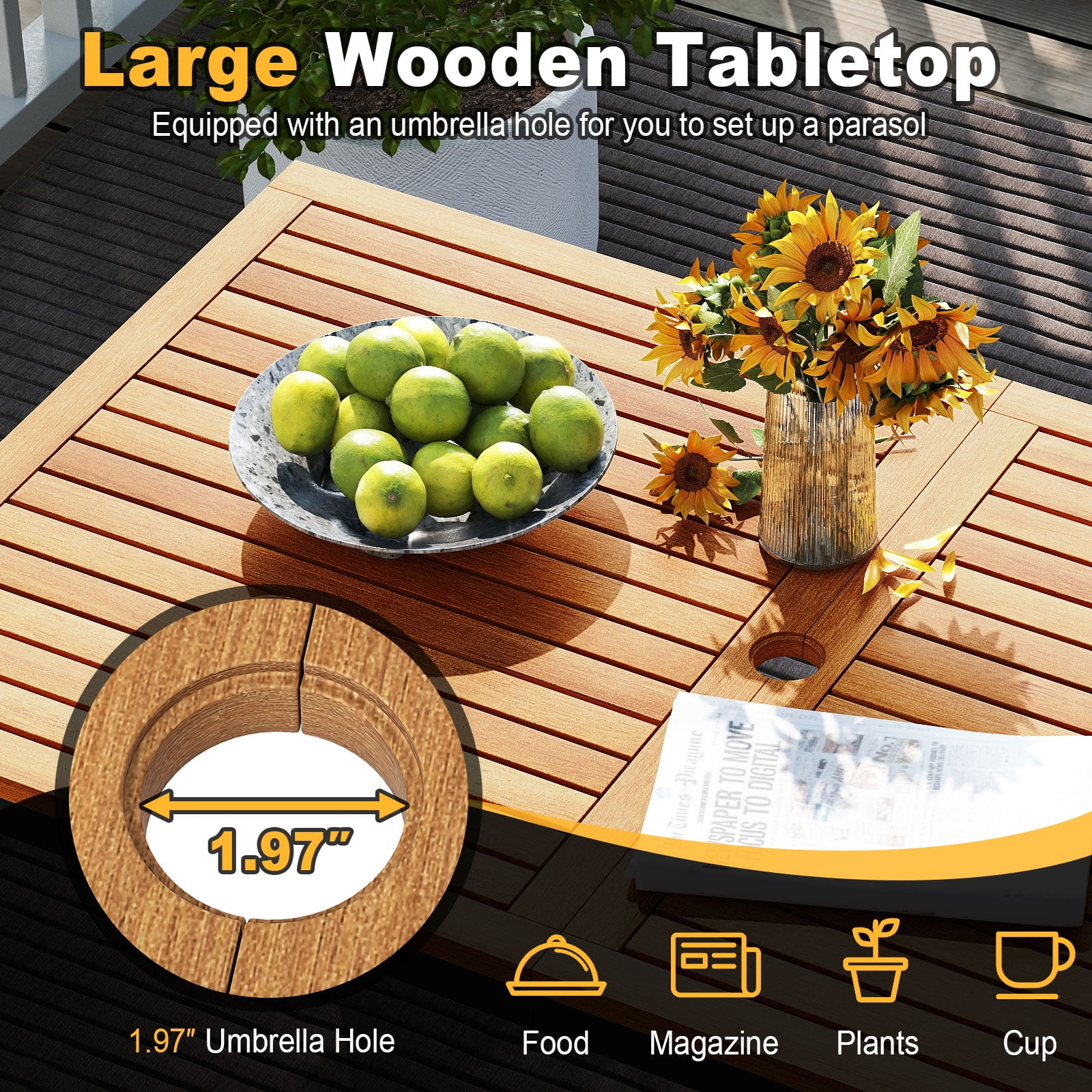 Costway 4 PCS Patio Furniture Set with Acacia Wood & Metal Frame Umbrella 1 table
