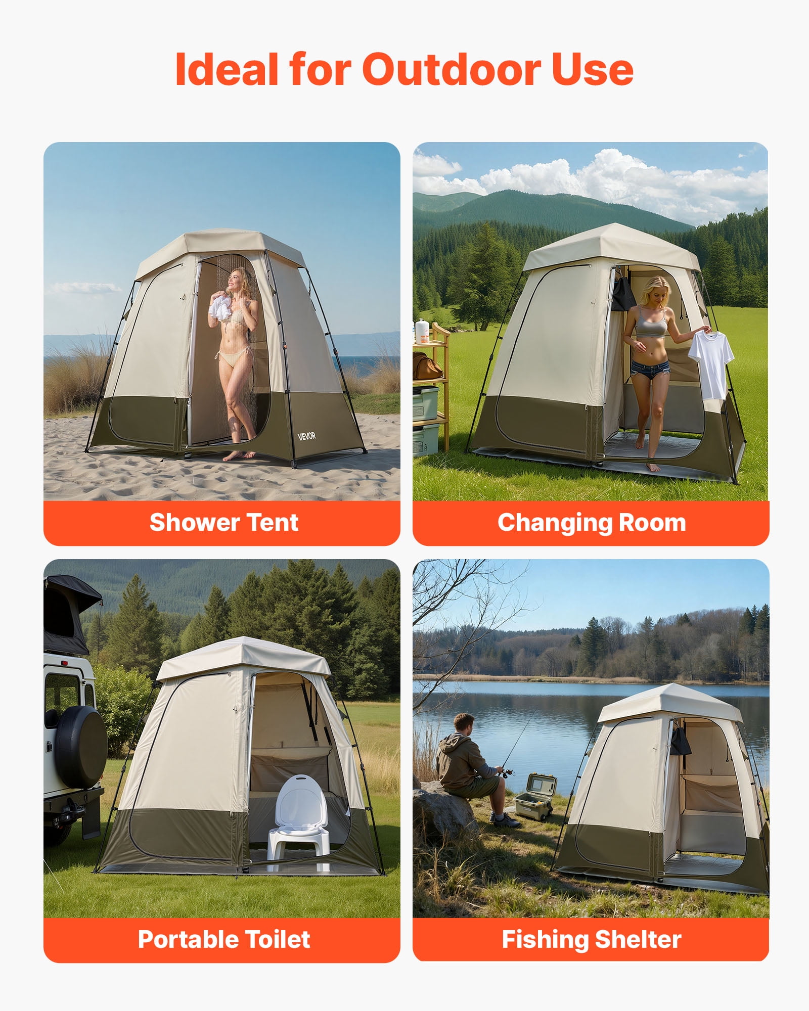 VEVOR Camping Shower Tent, 2-Room Foldable Privacy Tent Changing Room with Ground Stakes, Ropes, Carry Bag, and Crossbar, 150D Oxford Fabric with Silver Coating, for Camping, Beach, and Fishing