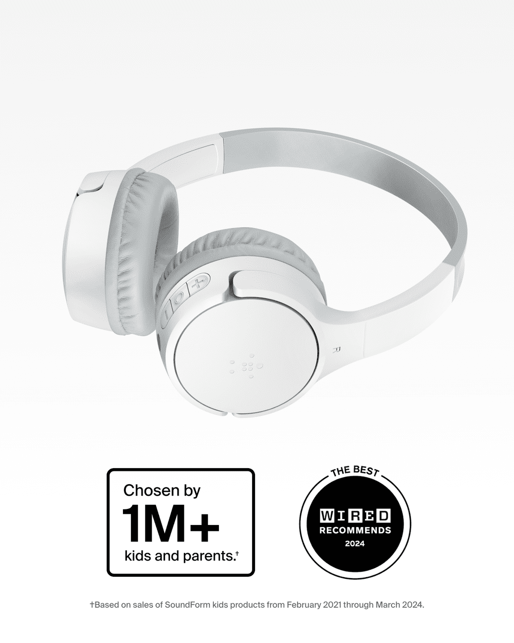 Belkin SoundForm Mini Kids Wireless Headphones w/Built-in Microphone, 30H of Playback Time, Fun Stickers, & Case - Over-Ear Headsets for Online Learning, School, iPhone, iPad, Galaxy, & More - White