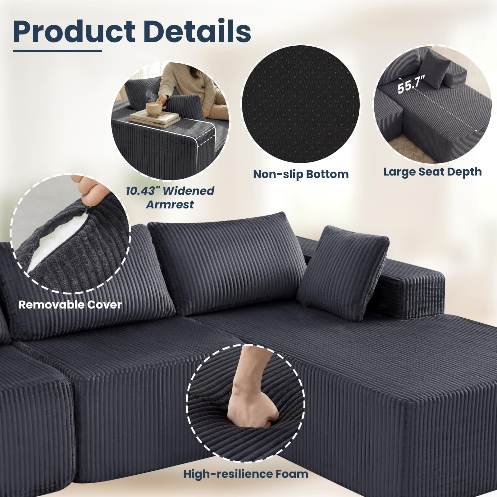Aukfa 107" Modular Sectional Sofa, Corduroy Upholstered Deep Seat Couch with Right Chaise, Convertible Sleeper, Dark Gray