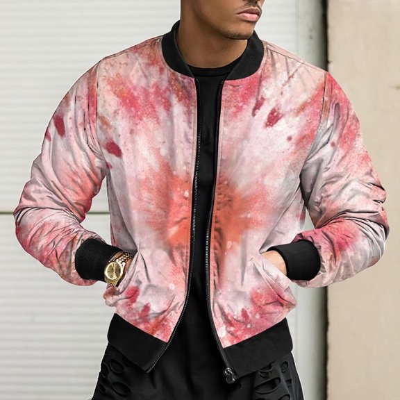 Utoimkio Men's Casual Stand Collar Jacket Tie-dye Printed Long Sleeve Full Zipper Jackets Fall Winter Outwear with Pockets