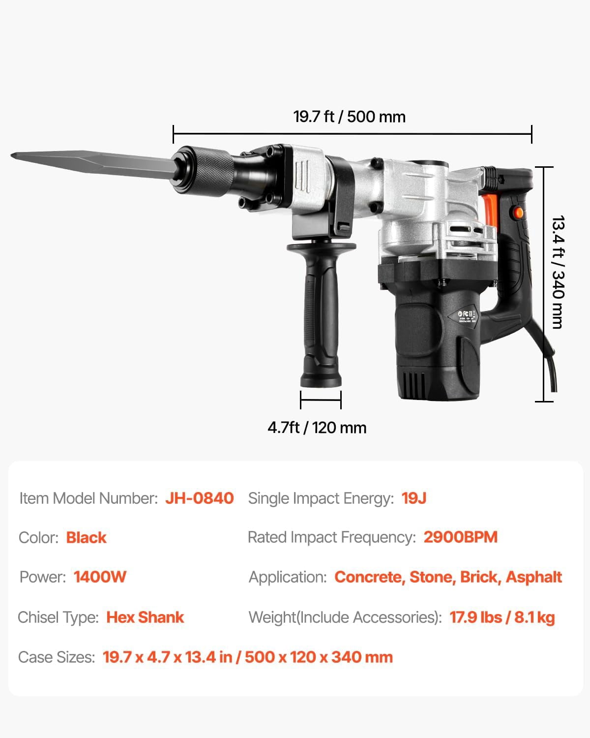 Demolition Jack Hammer, MAX 1400W Electric Jackhammer Heavy Duty, 2900 BPM Concrete Breaker 2pcs Chisels Bits Chipping W/Case, Gloves