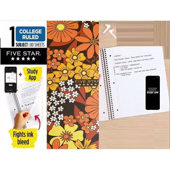 Five Star Retro Florals 1-Subject College Ruled Notebook with Study App, 8.5x11, 80 Sheets