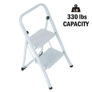 KARMAS PRODUCT Folding 2 Step Stool Lightweight White Steel Step Ladder with Anti-Slip Wide Pedal Multi-Use for Home Portable Stepladder 330 lb Capacity