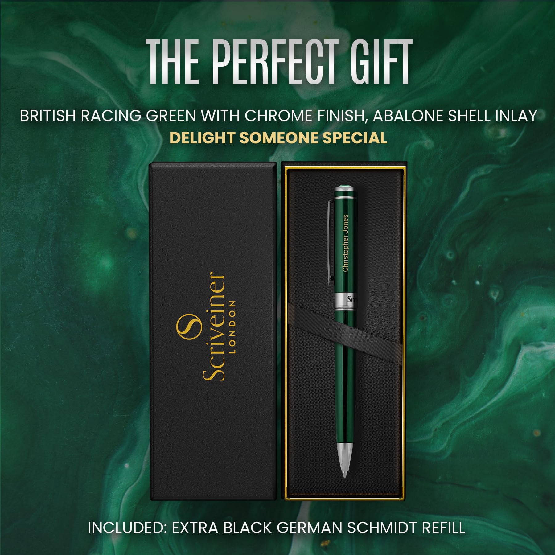Personalized Racing Green Ballpoint Pen - Stunning Lacquer Luxury With Chrome Finish  Schmidt Ink Refill Engraved Ball Point Gift Set For Men & Women Custom Engraving