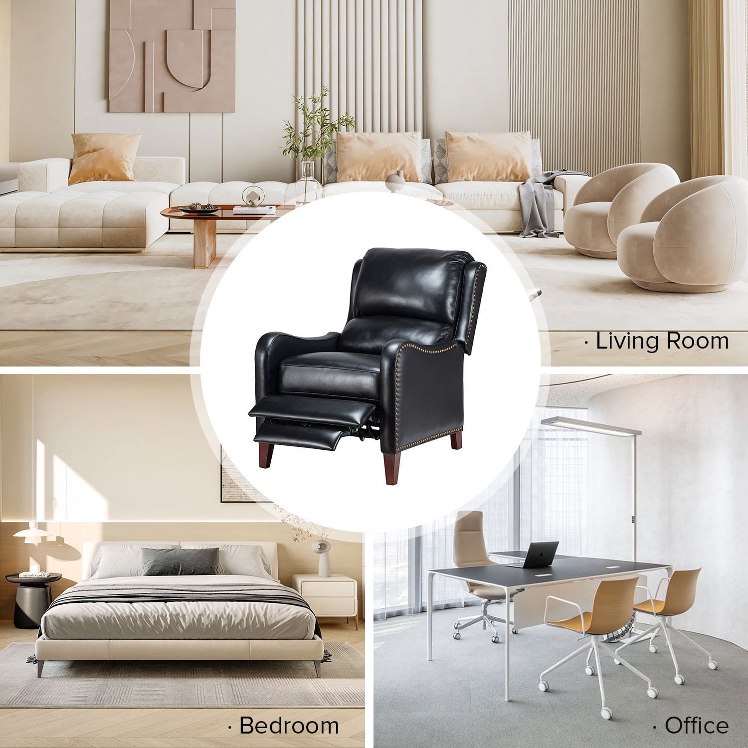 Genuine Leather Recliner Chair Push Back Wingback Set of 2 with Nailhead Trim for Living Room Bedroom Black
