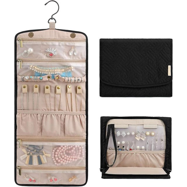 Organizador de joyas de viaje, estuches de joyería plegables, perchas de rollos de joyería con anillos de viaje, collares, pulseras, pendientes, negro