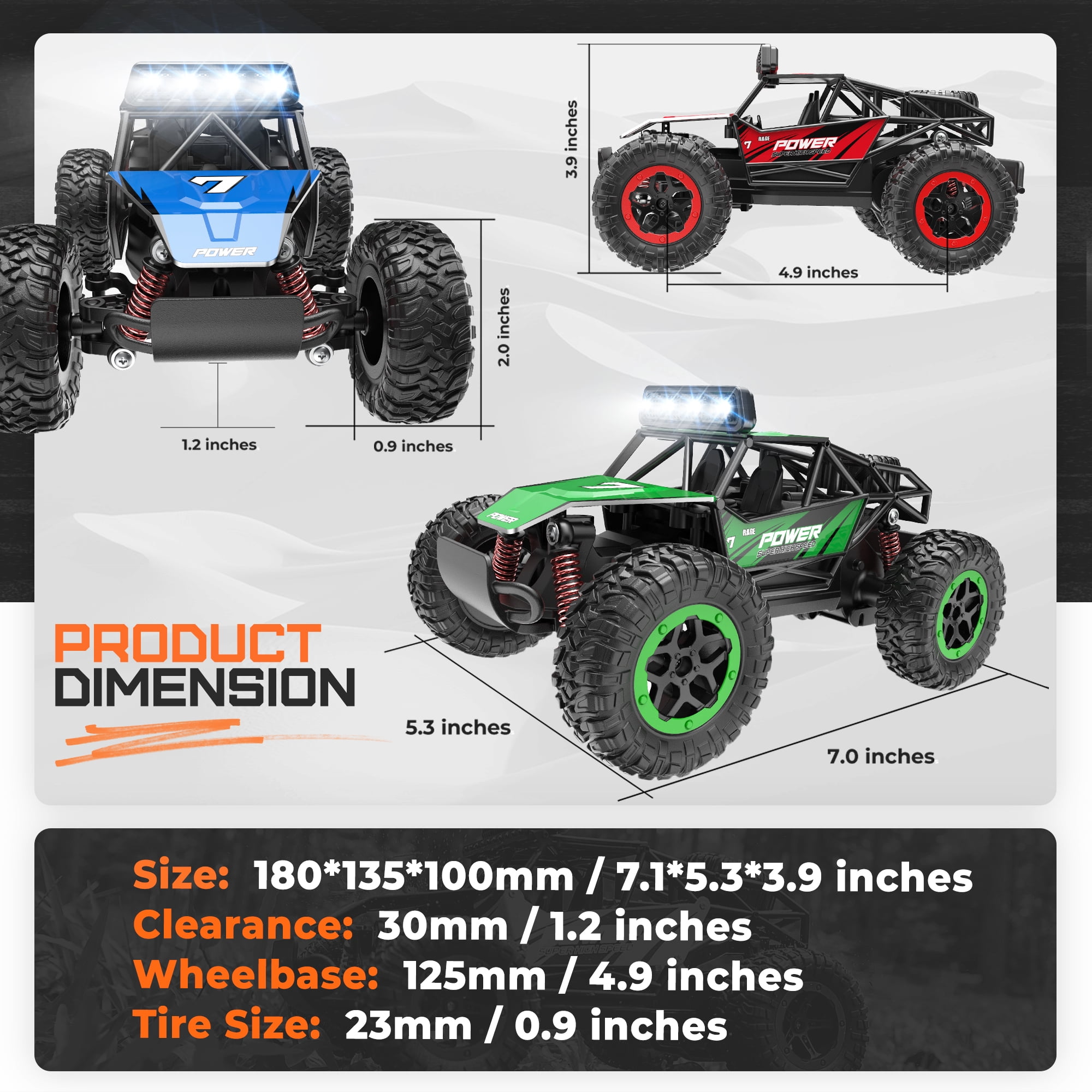 YCFUN Remote Control Cars for Kids, 1:20 Scale RC Monster Trucks with Lights, All Terrain off Road RC Cars for Kids 3-6 6-12