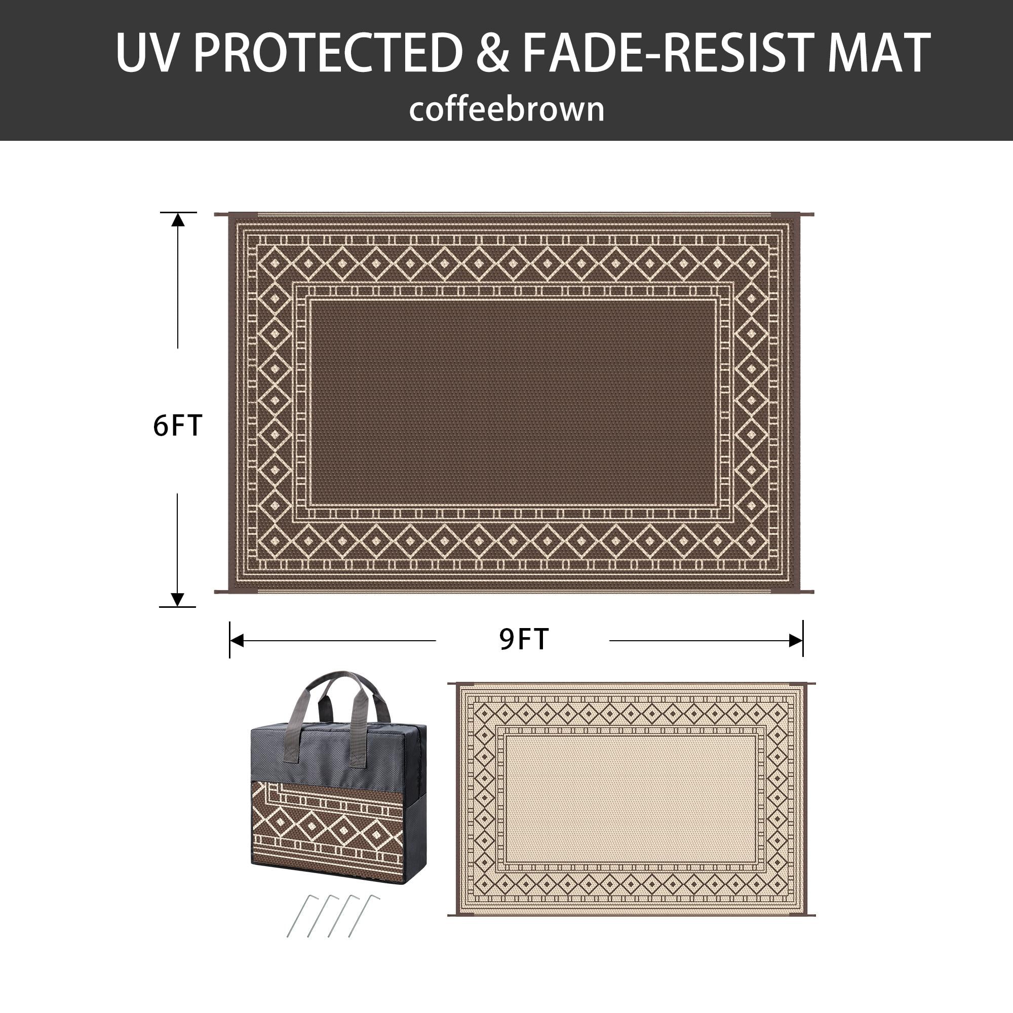 DEORAB 6'x9' Outdoor Rugs Waterproof Patio Reversible Plastic Carpet Camping Outside Mat,Coffee & Brown