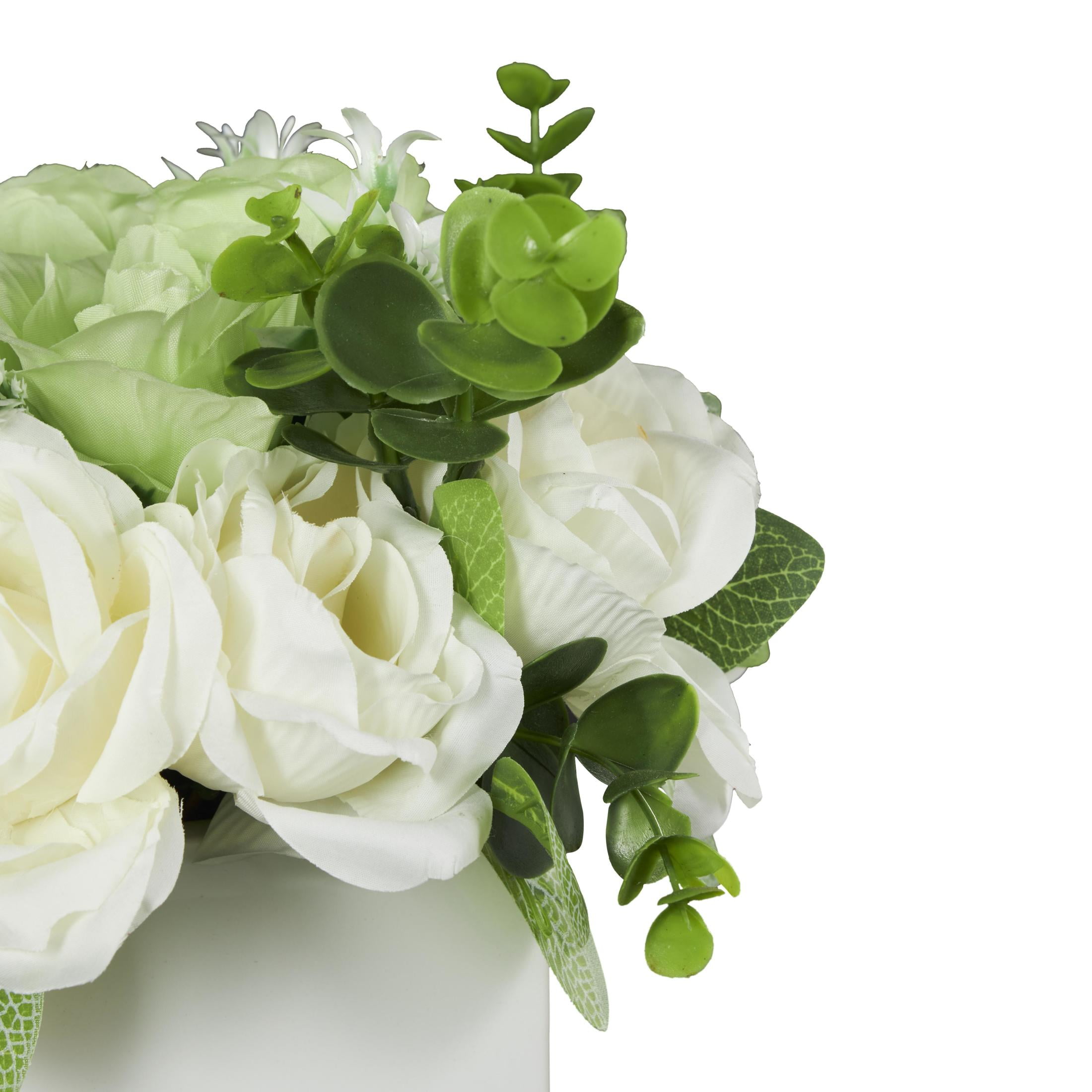 10" Plastic  Hydrangea and Pom Pom Artificial Flower in Green Leaves and Square Ceramic Vase, by DecMode