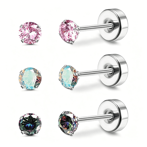 DESIGNICE 5Pairs Titanium Earrings G23 Pure Titanium Earrings for Sensitive Ears Cubic Zirconia Surgical Stainless Steel Flat Back Stud Earrings Hypoallergenic Piercing Cartilage Screwback Studs