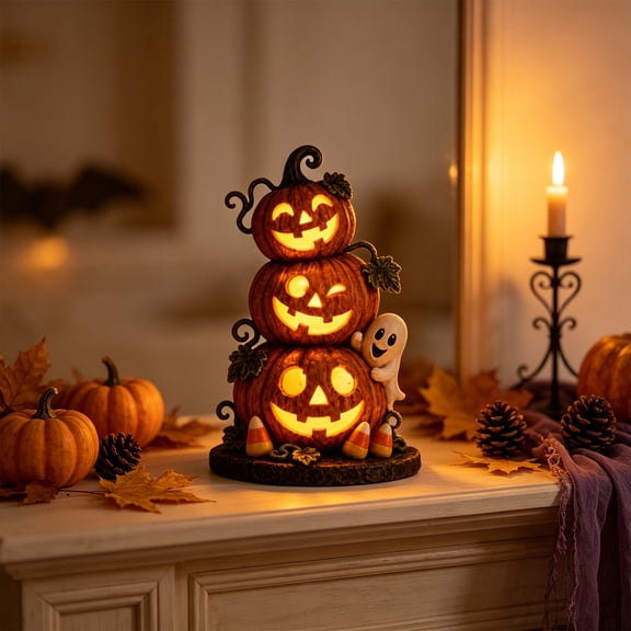 AMARHH Halloween Stacked Pumpkin Lantern Ornaments, 3 Tier Stacked Pumpkin Lantern Resin Figurine, Tabletop Decoration for Home Room Office Party Desk Decor