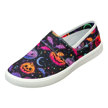 OJSFQUFP Womens Comfort Sneakers Leisure Women s Four Seasons Cartoon Prints Non Slip Flat Round Toe Breathable Slip On Lazy Canvas Shoes Work Flats Purple 39