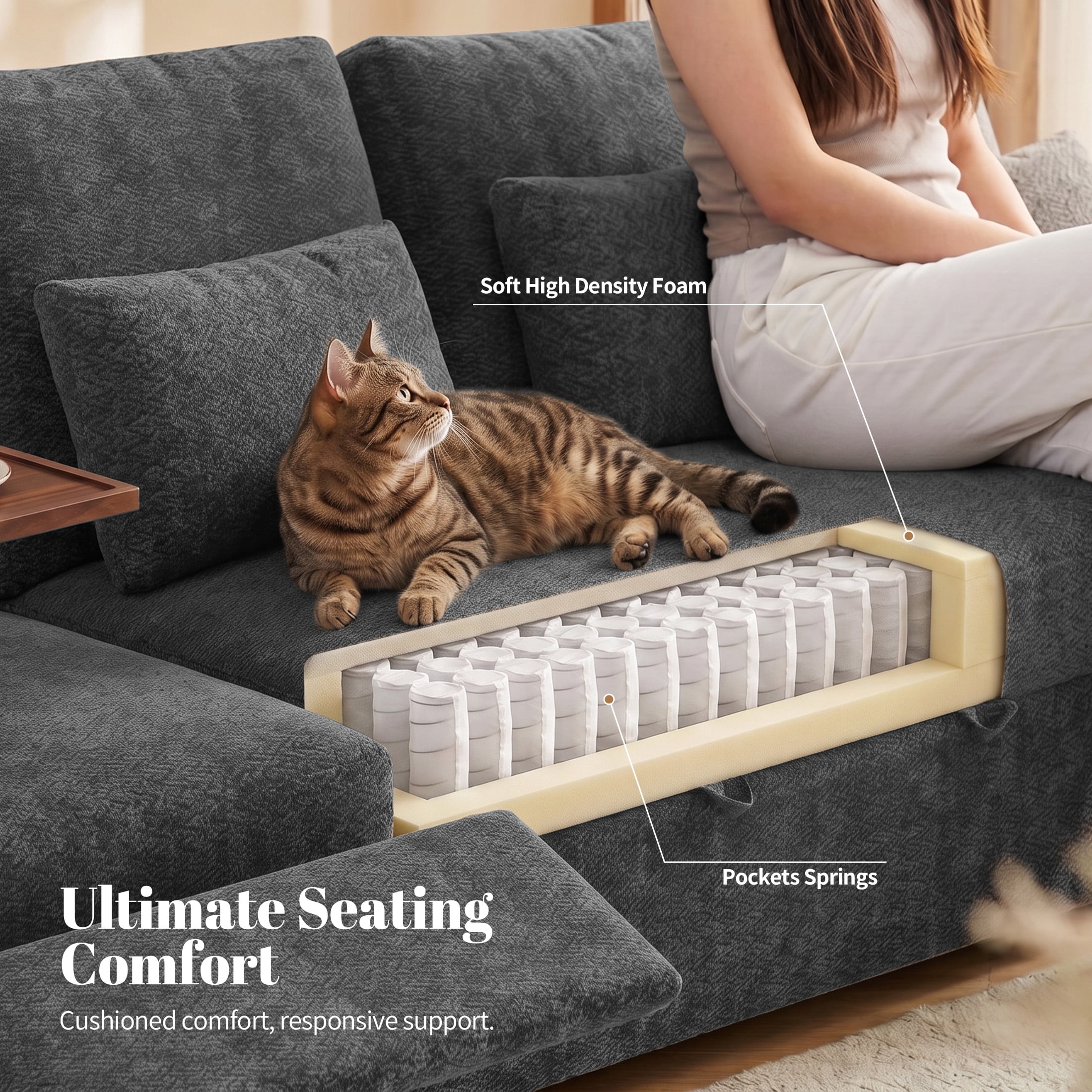 Aenkyo 108" L-Shaped Sectional Sleeper Sofa with Pull Out Bed, Recliner and Storage Chaise, Gray