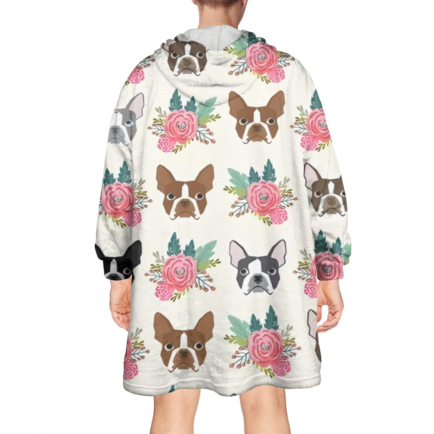 White Boston Terrier and Flower Wearable Oversized Blanket,Wearable Blanket Hoodie for Adults,Cozy Hooded Blankets with Super Pockets,Super Warm Fuzzy Pullover for Women & Men