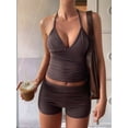 thumbnail image 6 of Women 2 Piece Workout Sets Seamless Ribbed Crop Tank High Waist Shorts Yoga Outfits Brown L, 6 of 7