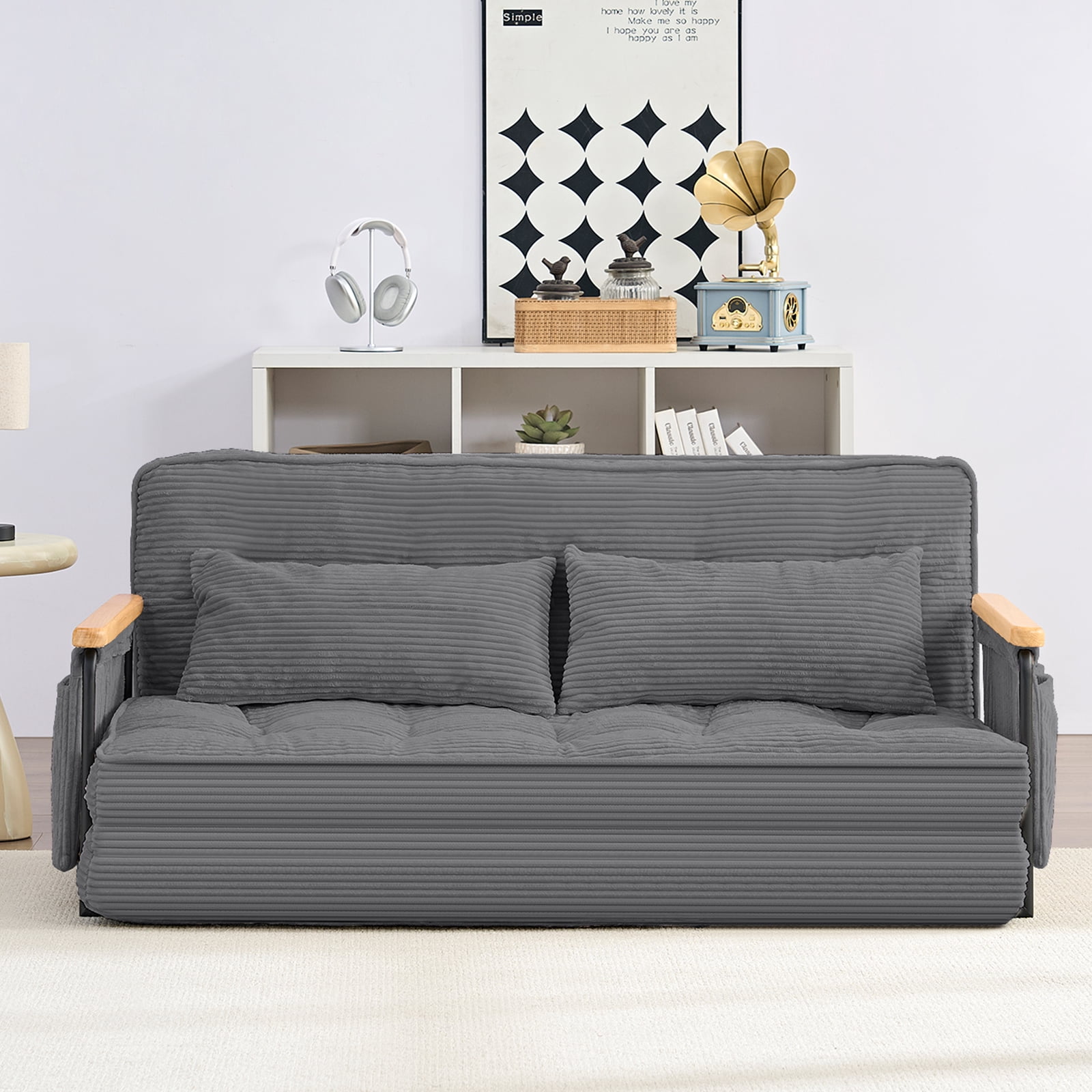 BALUS Futon Sofa Bed, 4-in-1 Corduroy Floor Couch Bed with Folding Mattress, Convertible Sleeper Sofa for Living Room, Grey