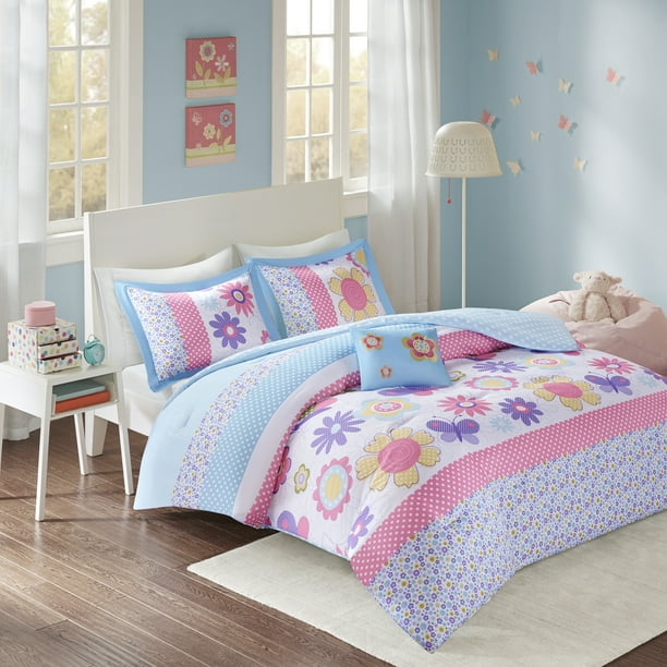 Comfort Spaces Pink/Blue 4-Piece Microfiber Comforter Set Kids Bedding ...