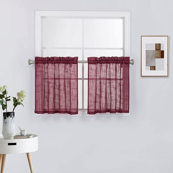 Diamond Home Farmhouse Burgundy Cross Weave Solid Rod Pocket Light Filtering Kitchen Curtains, 27 x 24 in (2 Panels)