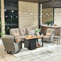 XIZZI Outdoor Conversation Furniture Set 3-seat Sofa Set with Swivel Rocking Chair and Gas Fire Pit Table,Beige