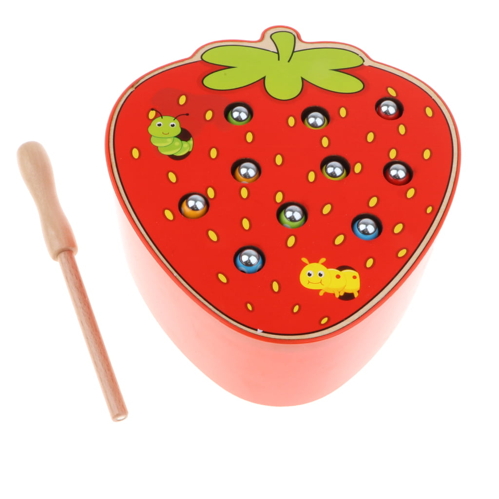 2 Sets Wooden Apple Strawberry Board Magnet Bug Catching Game Toy for Kids 