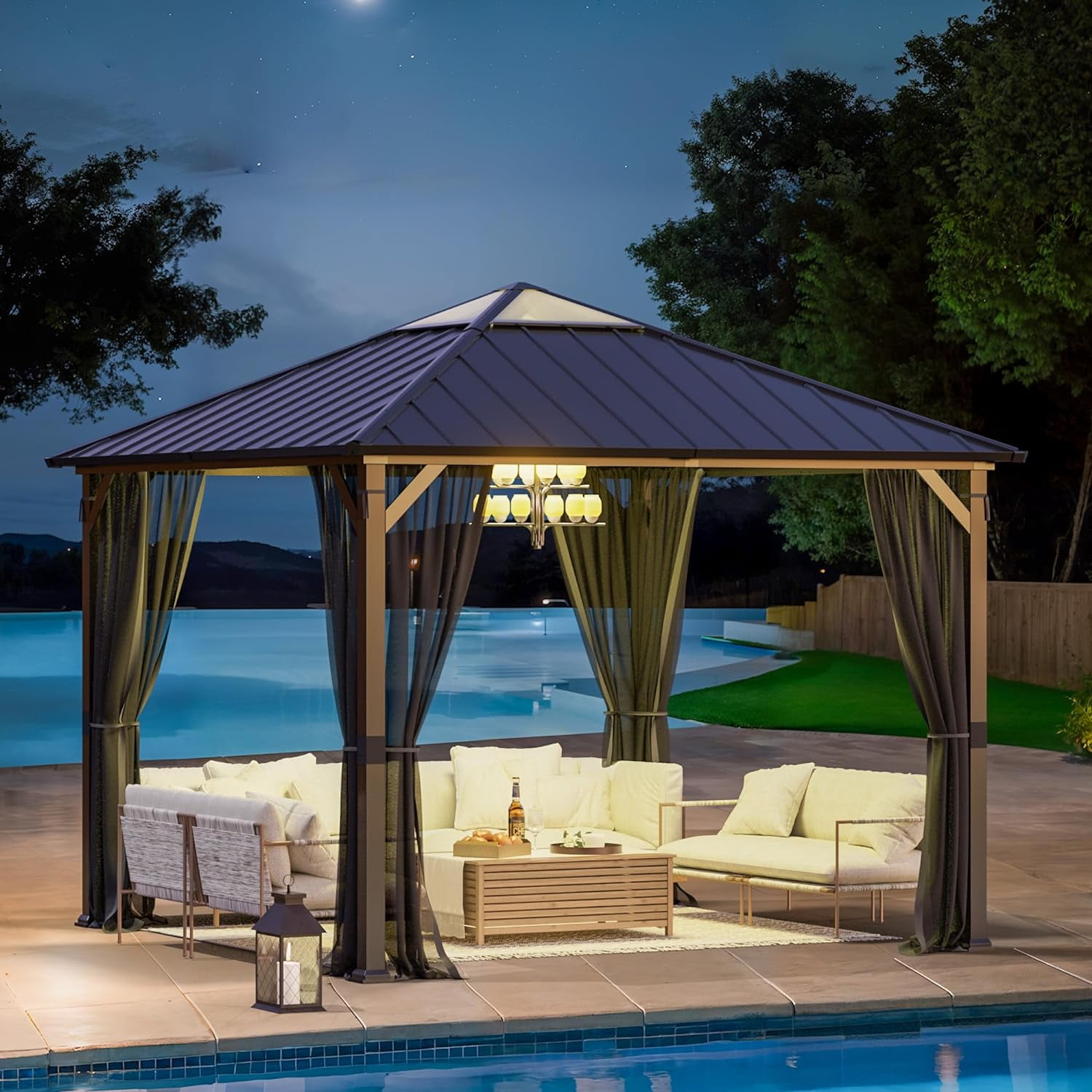 ELPOSUN Outdoor Living 10’ X 10’ Hardtop Gazebo Canopy with Netting & Curtains, Outdoor Aluminum Gazebo with Galvanized Steel Double Roof for Patio Lawn and Garden, Black