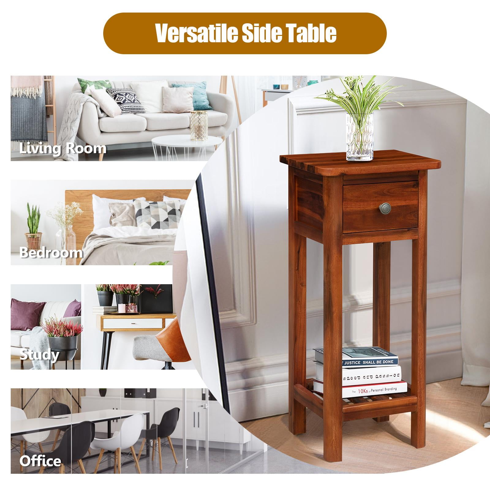 Giantex 2-Tier End Table Tall Set of 2 Nightstand, Simple Design Sofa  Bedside Table with Versatile Shelf and Wooden Legs for Small Spaces, Living