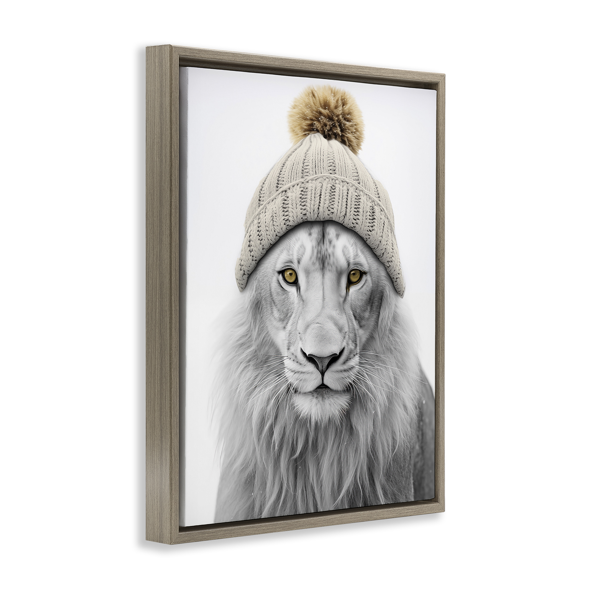 Stupell Industries Lion in Winter Hat Animals & Insects Painting Brown Floater Framed Canvas Art Print Wall Art, 17 x 21