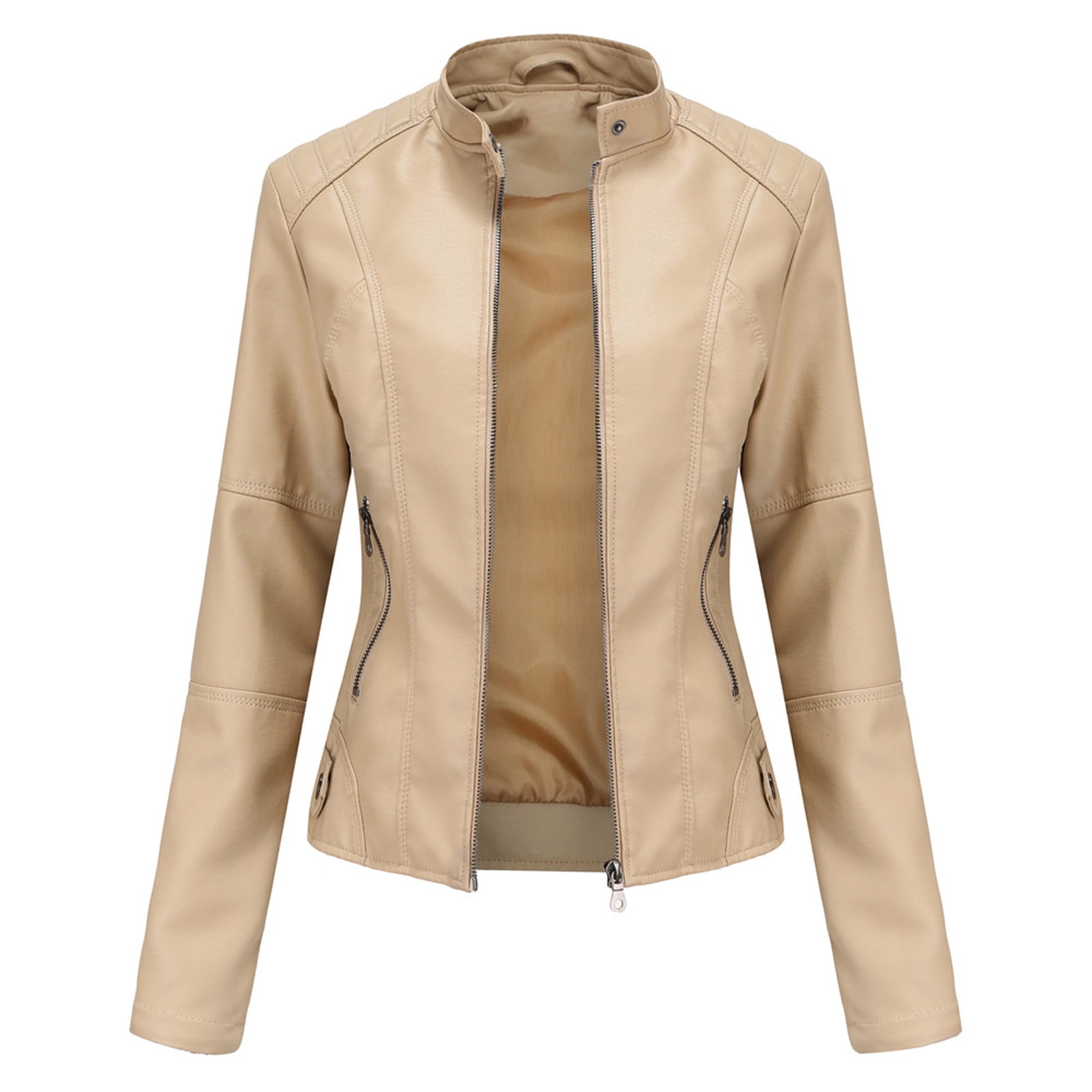 Faux Leather Blazer Jacket for Women One-button Notch Collar Long Sleeve Regular-fit Office Work Fashion Suit Coat (4X-Large, Beige)