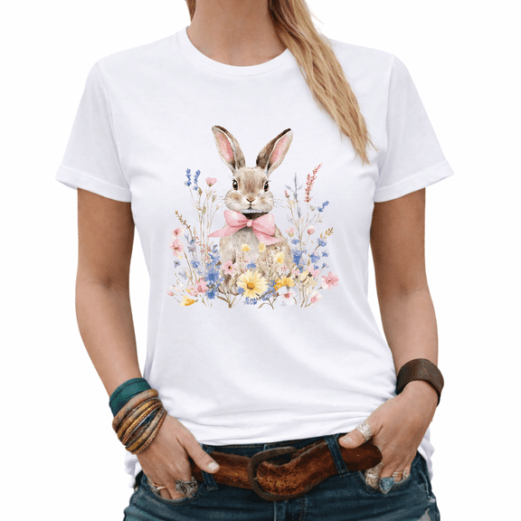 Easter Bunny Pink Bow Wildflower Graphic Tees Womans Tshirt Shirts White/Black S-5XL Tops