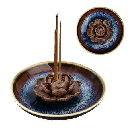 - 3 Hole Ceramic Handmade Lotus Flower Plate Incense Censer Holder Burner Buddhist
