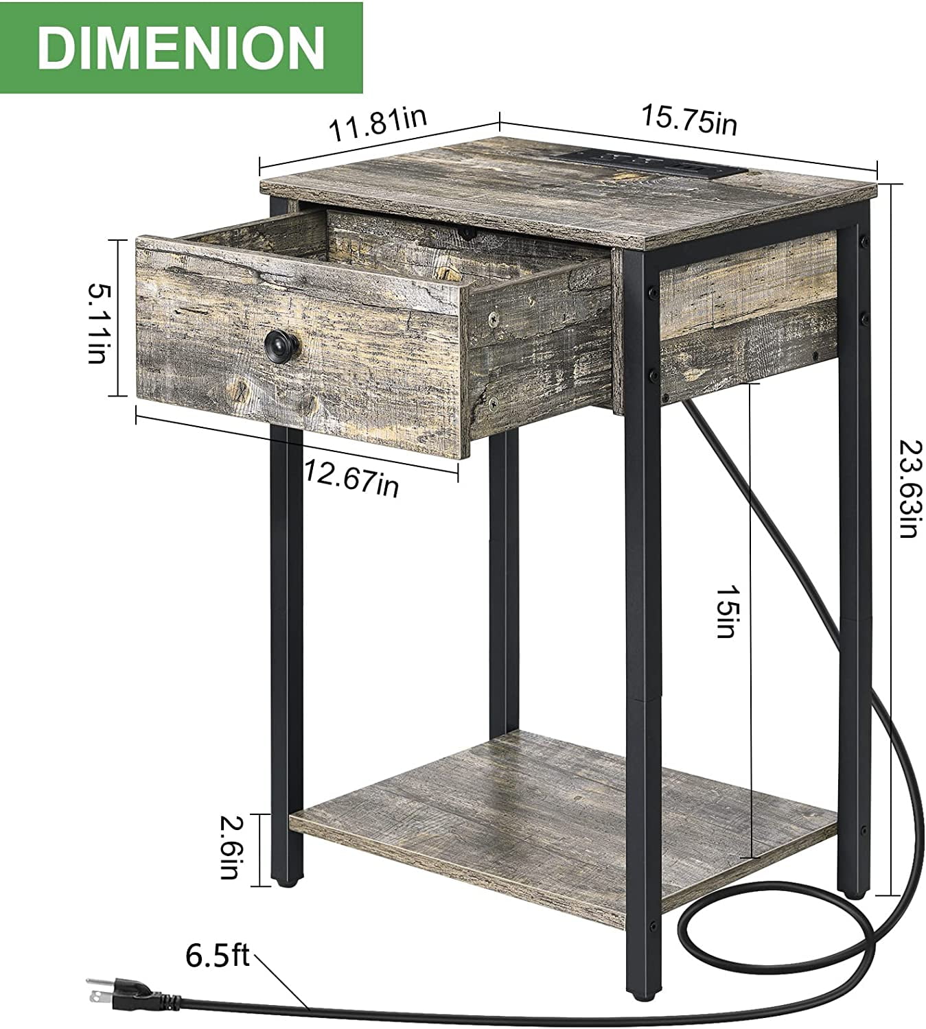 Oumilen Adult Nightstand End Table with Charging Station, USB Ports, Drawer and Storage Shelf, Gray