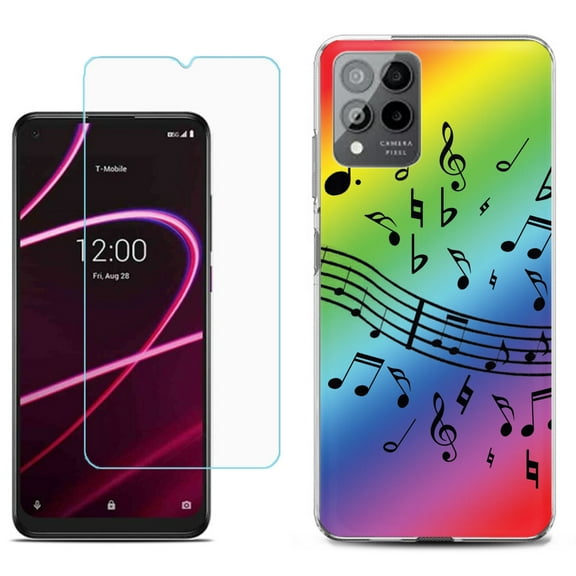 Slim-Fit Gel TPU Phone Case for T-Mobile Revvl 6 Pro 5G, with Tempered Glass Screen Protector, by OneToughShield ® - Music Notes / Rainbow
