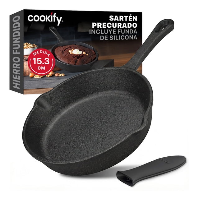 Sartén de Hierro Fundido con Funda de silicón, Distribución Uniforme de Calor Cookify (Negro, 15.3cm)