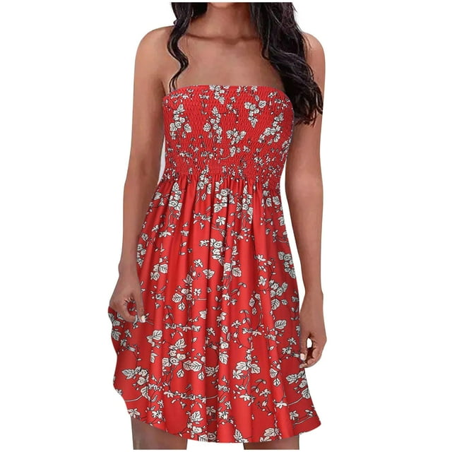 Robe Tube Bohème d'Été pour Femmes Tunique Smockée à Volants Sans Manches Mini Robes Plissées Élastique Sans Bretelles Fleurie Robe de Plage