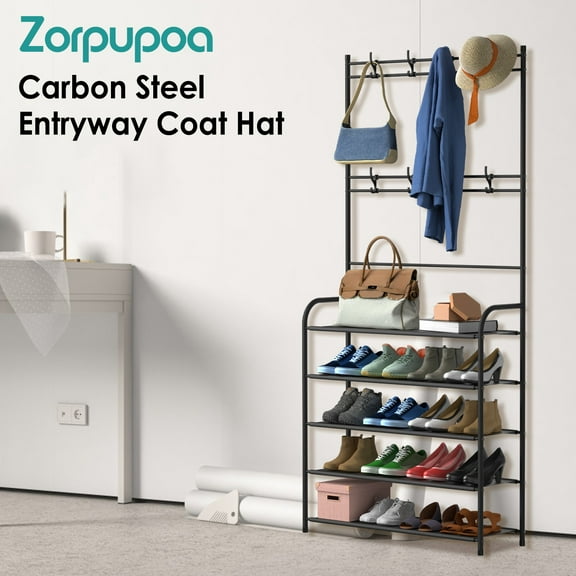 Zorpupoa 1Pc 5-Tier Entryway Shoe Rack Coat Hanger Stand Freestanding Hall Tree Organizer with Storage Shelf Clothes Hooks for Entryway Bedroom Mudroom (Space Saving Design)