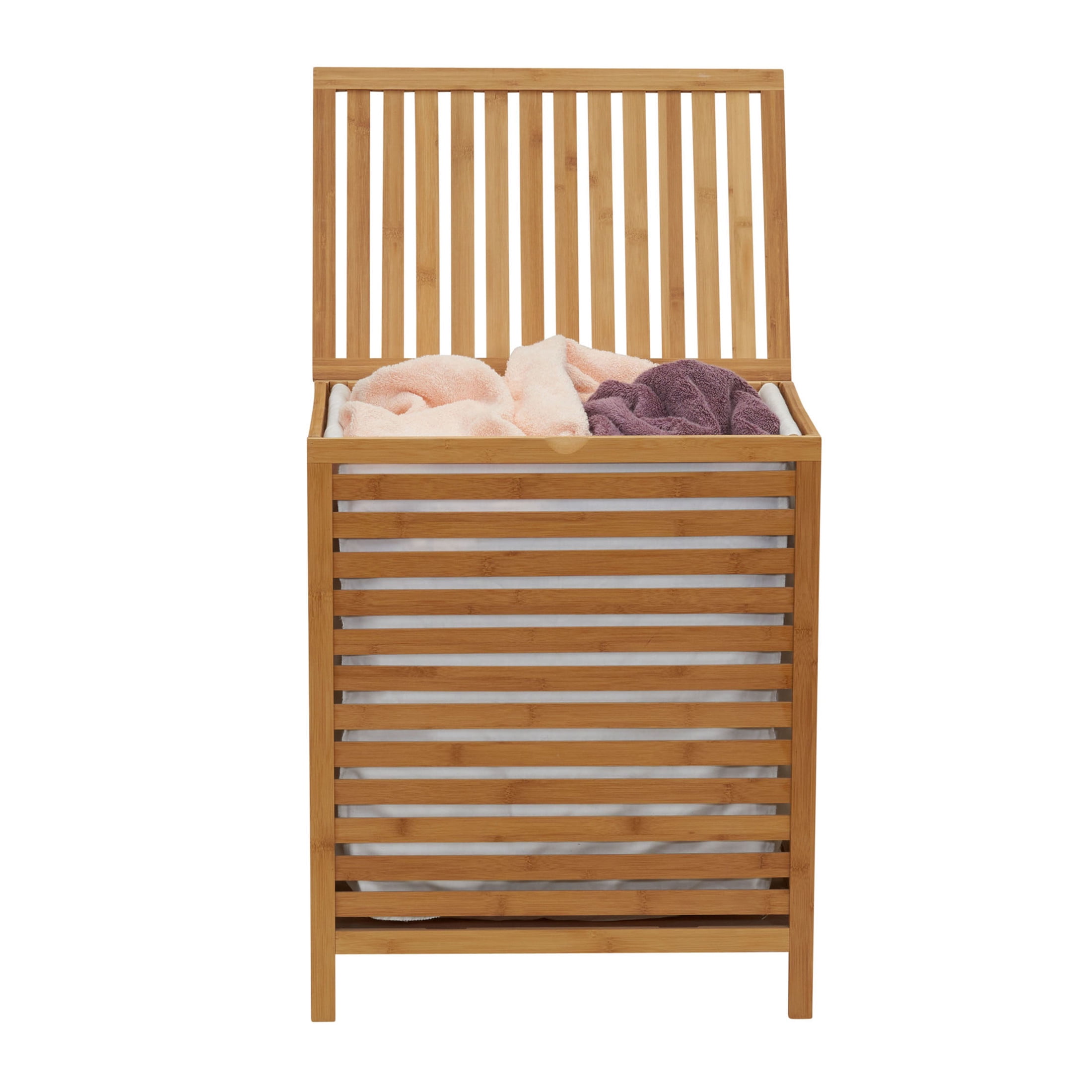 Household Essentials Bamboo Laundry Hamper, Slated Hamper with Natural Cotton Bag, Removable Bag and Foldable Frame, Chic and Environmentally Friendly
