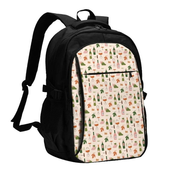 Sikiie Wine Bottles With Grapes Print USB Travel Backpack, Multi-pocket Laptop Bag with USB Charging Port, Suitable for School, Work and Outing, Unisex