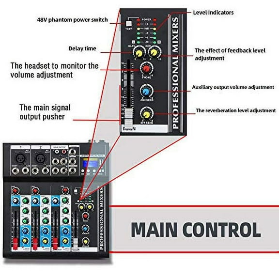 Boytone. Professional Audio Mixer Sound Board Console System Interface 4 Channel Digital USB Bluetooth Digital MP3 Computer Input 48V Phantom Power Stereo DJ Studio Streaming FX pr