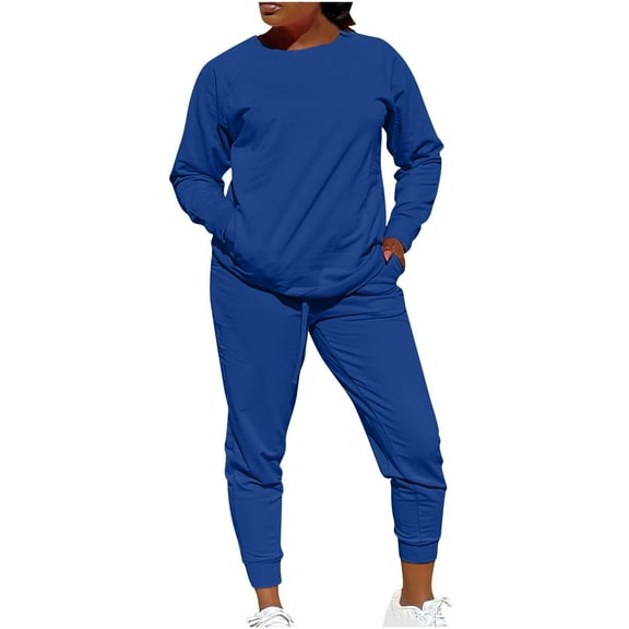 Travel Outfits for Women 2 Piece Sets Solid Color Long Sleeved Pants Set Plus Size Tracksuit Casual Outfit Blue S