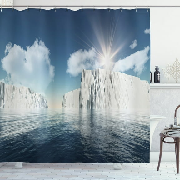 Ice Berg Shower Curtain, Illustration of Fluffy Clouds and Icebergs on Water with Sunbeams, Fabric Bathroom Set with Hooks, 69W X 70L Inches, Dark Sky Blue Multicolor, by Ambesonne