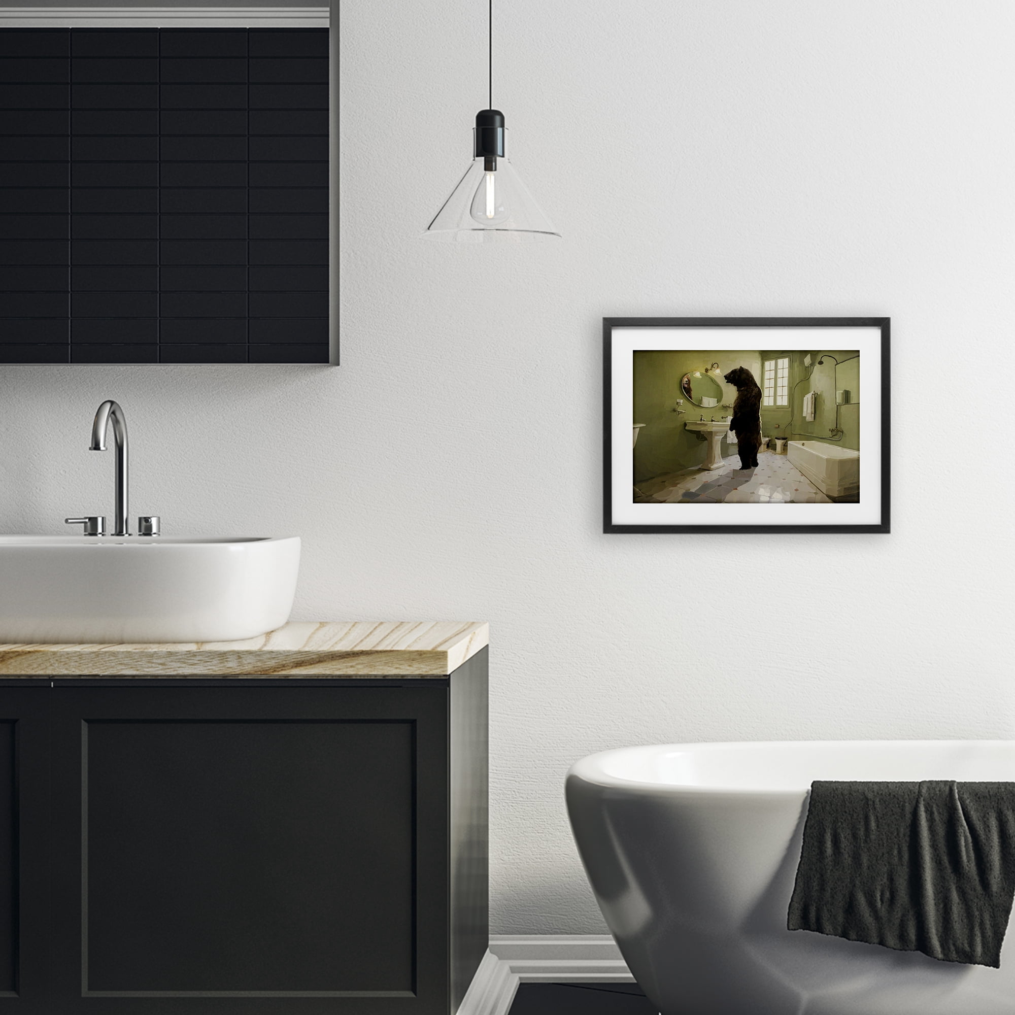 The Houseguest Bear in Bathroom Black Framed Print Under Glass, design by Keith Thomson