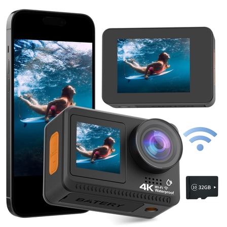 4K 30FPS 16MP Action Camera with Dual Screen, No Case Needed Underwater Camera 16.4ft Waterproof, 32GB Card & Mounting Kits for Motorcycle, Helmet, Sports