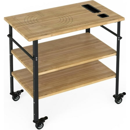 Pizza Oven Table 33"x20"x35.5", Outdoor Grill with 4 Wheels, Three-Shelf Bamboo Wood Bar Cart Dining Prep Food Prep & BBQ Grill Table, Wood Color
