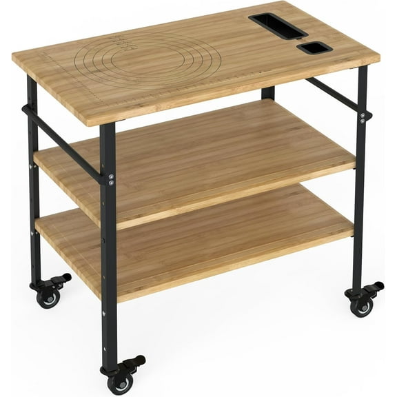 Pizza Oven Table 33"x20"x35.5", Outdoor Grill with 4 Wheels, Three-Shelf Bamboo Wood Bar Cart Dining Prep Food Prep & BBQ Grill Table, Wood Color